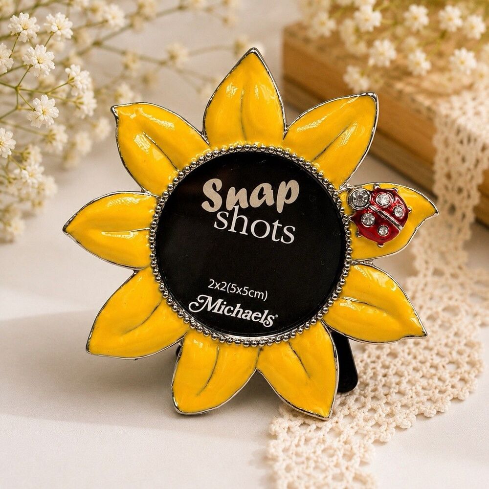 Michaels Sunflower Picture Frame Yellow Enamel Ladybug 2x2 Mini Photo Frame